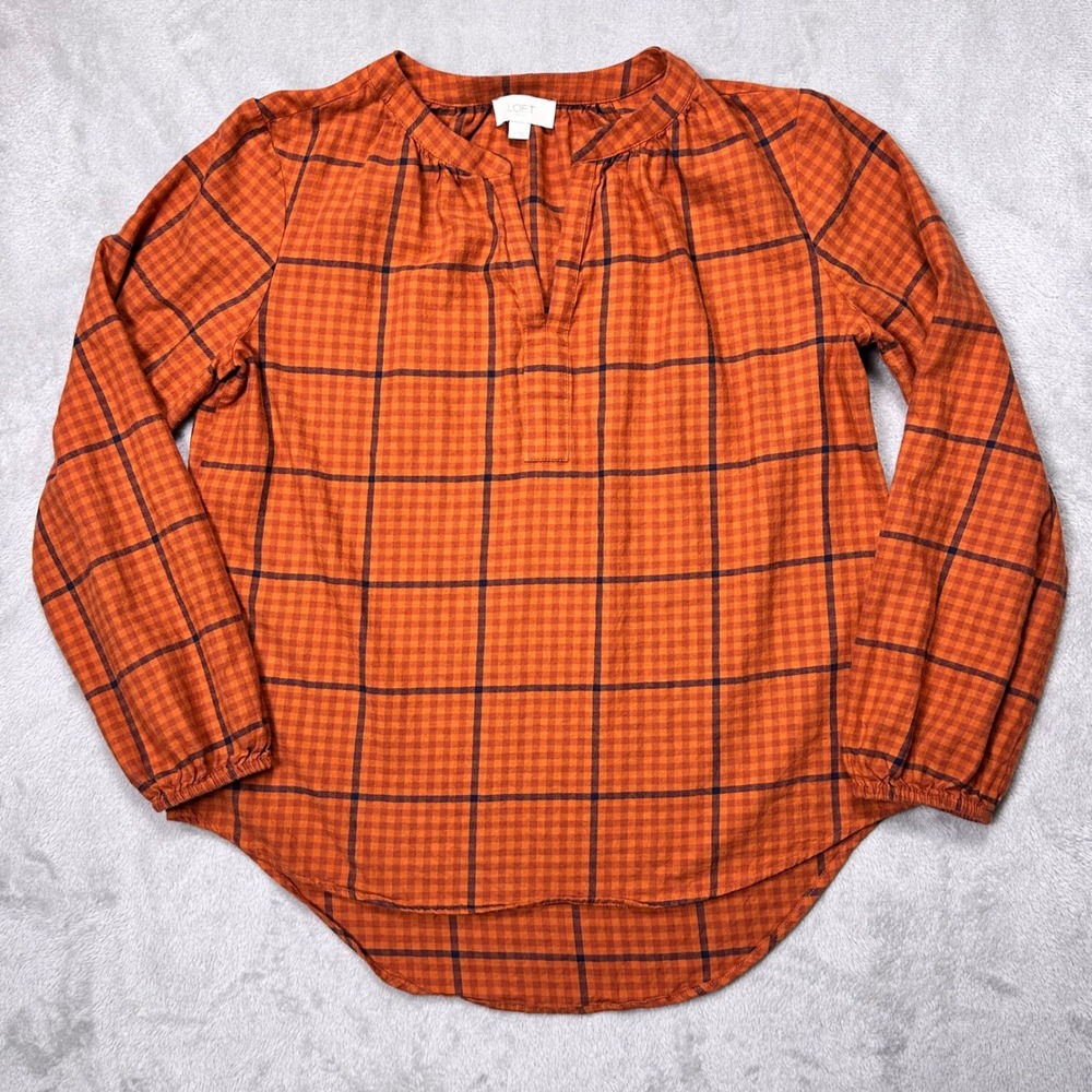 LOFT Burnt Orange Plaid Blouse Women's S Fall Core Rustic Cozy Autumn‎ Top